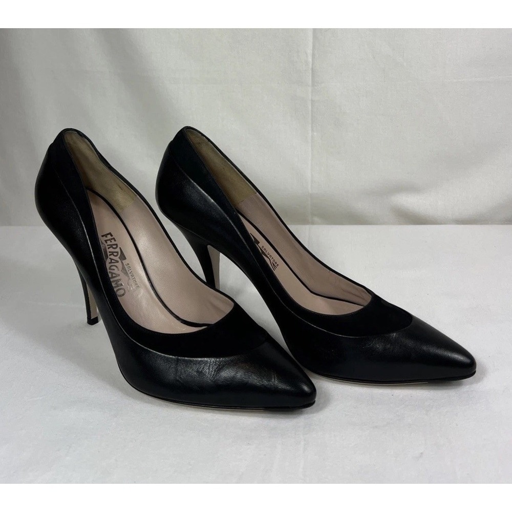 Salvatore Ferragamo Pumps Black Suede-Trimmed Leather Pointed Toe Heels- US 9.5 - Picture 9 of 9